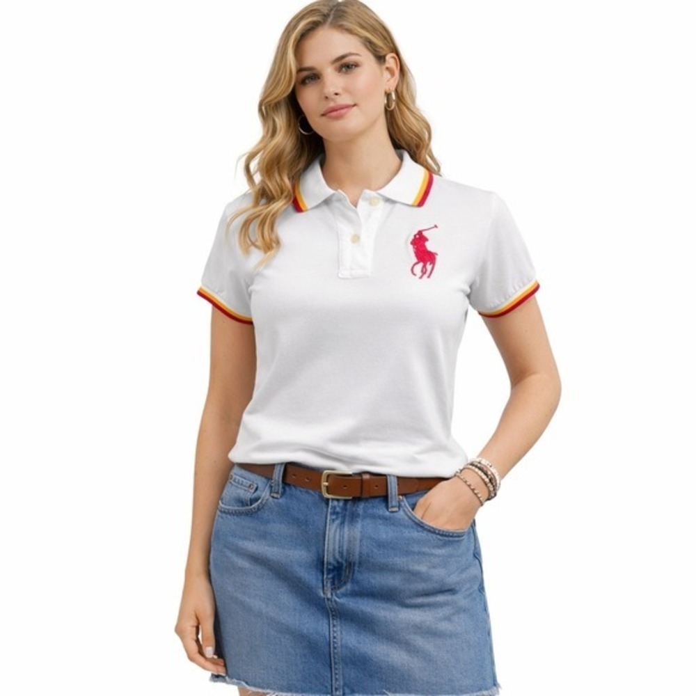 Ralph Lauren Womens Polo Shirt Y2K Slim Fit White Big Pony Red Yellow Trim Vtg